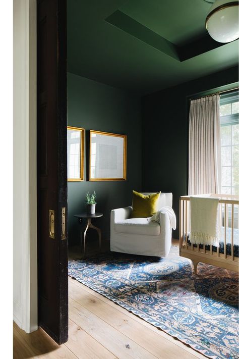 Ahead, we explore the question: Should you paint nursery walls, ceiling, and trim the same color? Parisian Style Apartment, Dark Nursery, Monochromatic Room, Dark Green Walls, Downtown Lofts, Small Nurseries, Green Nursery, Nursery Paintings, Apartment Renovation