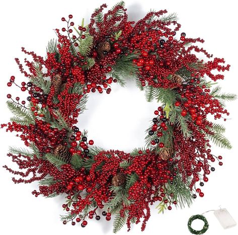 Window Fireplace, Red Berry Wreath, Christmas Wreaths With Lights, Winter Holiday Decorations, Fireplace Mantel Decor, Front Doors With Windows, Christmas Front Doors, Fun Christmas Decorations, Berry Wreath