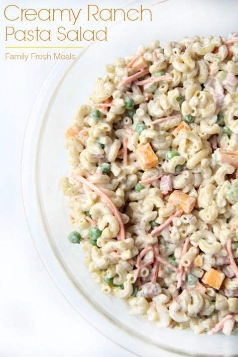 Creamy Ranch Pasta Salad #pastasalad #creamypastasalad #pasta #ranch #summerpasta #easyrecipe #familyfreshmeals Creamy Ranch Pasta, Power Salads, Macaroni Salads, Bbq Backyard, Ham Dishes, Bacon Ranch Pasta Salad, Creamy Pasta Salads, Cold Salads, Salads Pasta