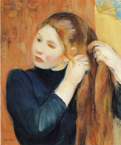 Berthe Morisot - Young Girl Braiding her Hair French Impressionist Painters, Berthe Morisot, Mary Cassatt, Edgar Degas, Pierre Auguste Renoir, Paintings I Love, French Art, Art Movement, Brushing