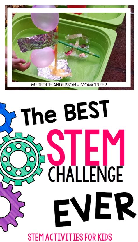 The Best STEM Challenge EVER! Design and create a cargo ship with the engineering design process. Build a boat and test it out while learning about density, buoyancy, and Archimedes' Principle. Read the post for 8 more amazing STEM challenges!  | Meredith Anderson -  Momgineer Elementary Stem, Stem Activities For Kids, Steam Challenges, Stem Experiments, Steam Ideas, Stem Elementary, Stem Resources, Stem Ideas, Engineering Activities