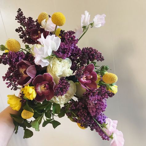 Purple And Yellow Fall Wedding, Purple Yellow Flower Arrangements, Purple And Yellow Bridal Bouquet, Dark Purple And Yellow Wedding, Plum And Mustard Wedding, Fall Purple Flowers, Purple And Gold Flower Arrangements, Purple Orange Flower Arrangement, Plum And Yellow Wedding