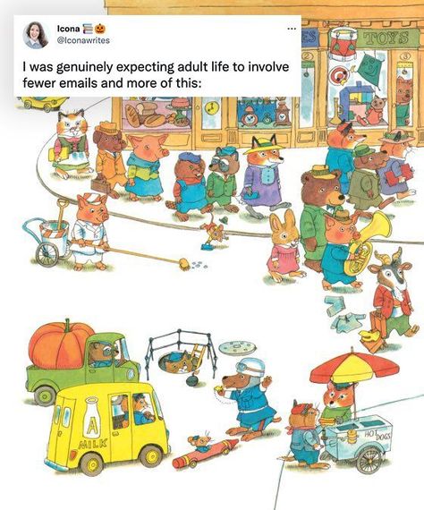 Romper on Instagram: “Still waiting on my crayon car...⁠ ⁠ (via @iconawrites on twitter)” Richard Scarry Illustration, Richard Scary, Busy Town, Richard Scarry, Artist Project, Picture Books Illustration, Childhood Books, New Works, A Level Art