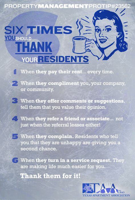 Six Times You Should Thank Your Residents!  West Rental Management 11555 Sorrento Valley Rd Ste 204 San Diego, CA, 92121 (858) 332-2480 http://westrentalmanagement.com/ Property Management Marketing, Leasing Consultant, Resident Retention, Leasing Agent, Apartment Marketing, Apartment Management, Rental Property Management, Income Property, Real Estate Tips