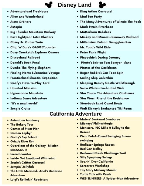 Download this Disneyland Ride and Attraction List Now! - Simply Exhausted California Adventure Rides List, Disneyland Rides List, Disneyland California Rides, Disneyland Trip Planning, Disneyland Vacation Planning, Disneyland Attractions, Disneyland Rides, Disneyland Planning, Dumbo The Flying Elephant