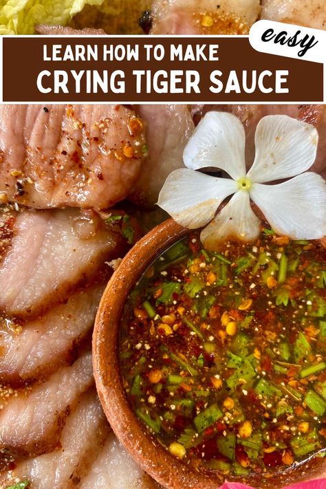 Crying tiger sauce topped with fresh herbs and spices, accompanied by slices of grilled steak. Tiger Cry Beef Recipe, Dragon Sauce Recipe, Crying Tiger Sauce, Crying Tiger Steak, Tiger Sauce Recipe, Asian Sauce Recipes, Recipes With Fish Sauce, Dipping Sauces Recipes, Asian Sauce