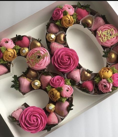 Box Cupcakes, Cupcake Cake Ideas, Cupcake Flowers, Alphabet Cake, Moms 60th, Alphabet Gifts, Chocolate Covered Fruit, Strawberry Birthday, Elegant Birthday Cakes