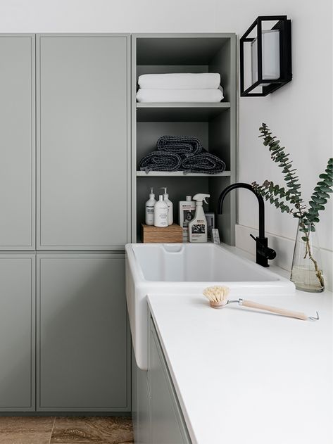 Laundry | Woollahra Home by Decus Interiors | Est Living | Interiors, Architecture, Designers & Products Modern Country Laundry, Cupboard Colour, Decus Interiors, Laundry Cupboard, Laundry Room Storage Shelves, Green Laundry, Small Laundry Room Organization, Room Storage Diy, Laundry Room Flooring