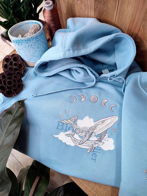 Clouds Embroidery, Embroidered Moon, Astrology Art, Embroidery Hoodie, Embroidered Art, Art Sea, Blue Pullover, Embroidered Sweatshirt, Embroidered Hoodie