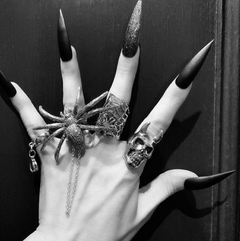 Long Black Nails, Spider Ring, Manon Blackbeak, A Life Less Ordinary, Grunge Jewelry, Gothic Nails, Edgy Jewelry, Goth Nails, Funky Jewelry