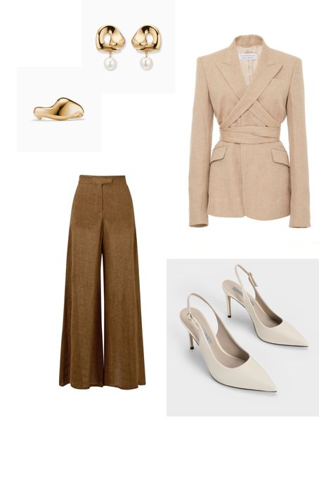 light brown vist, brown pants, golden EARRINGS, golden BRACELETS, caramel classy high heels Classy High Heels, Golden Pants, Classic High Heels, Heels Winter, Heels High Classy, Minimalistic Outfits, Brown Vest, Golden Earrings, Classic Brown