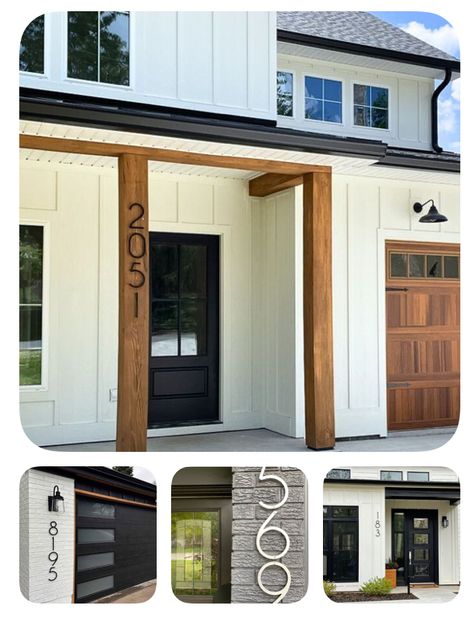 White House Black Trim, Black House Numbers, Modern Black House, Apartment Doors, Modern House Numbers, White Siding, Hardie Plank, Modern House Number, Exterior Renovation