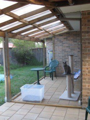 Side view of cat enclosure Diy Cat Enclosure, Cat Habitat, Diy Chat, Cat Enclosures, Cat Fence, Cat Patio, Outdoor Cat Enclosure, Cat Run, Enclosed Patio