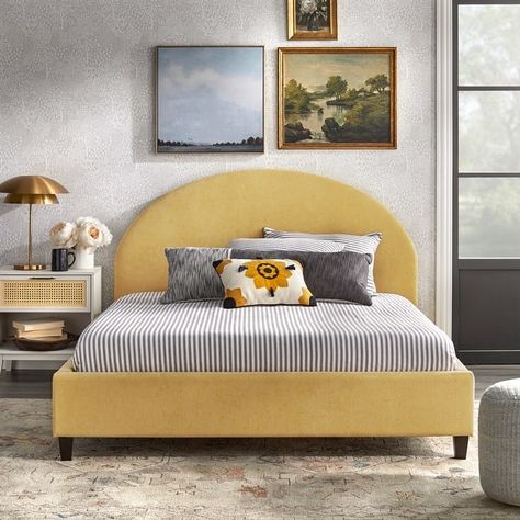 Rounded Headboard, Low Profile Platform Bed, Queen Upholstered Bed, Yellow Bedding, Curved Headboard, Queen Platform Bed, Inspire Me Home Decor, Headboard Designs, Stylish Bedroom