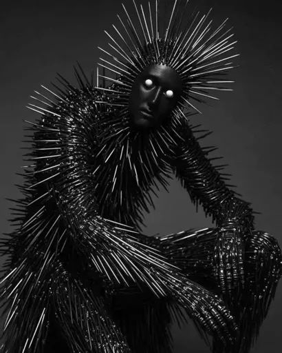 ↑↑↑ Larger size on website 🔸 A figure clad in a spiky black suit sits against a dark backdrop. Their face is obscured by the suit Gimp Suit, White Eyes, Black Suit, Black Suits, Random Stuff, Aura, Black