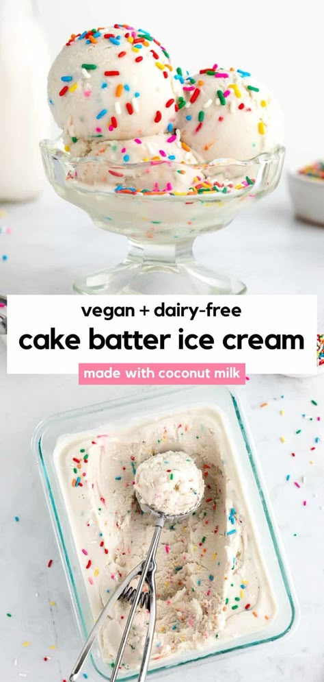 This vegan cake batter ice cream recipe is sweet, creamy, and tastes like funfetti birthday cake! It's dairy-free, eggless, and gluten-free friendly. The easy recipe is made with coconut milk, yellow cake mix, sprinkles, vanilla extract, and almond extract. You can make it two ways: with an ice cream maker or with no machine (no churn). It's a funfetti dessert for birthdays and parties! #cakebatter #icecream #birthdaycake #coconutmilk #veganicecream #dairyfreeicecream #coconutmilkicecream Cake Batter Ice Cream Recipe, Dairy Free Ice Cream Cake, Dairy Free Birthday Cake, Funfetti Birthday Cake, Almond Milk Ice Cream, Funfetti Birthday, Cake Batter Ice Cream, Paleo Ice Cream, Vegan Ice Cream Recipe