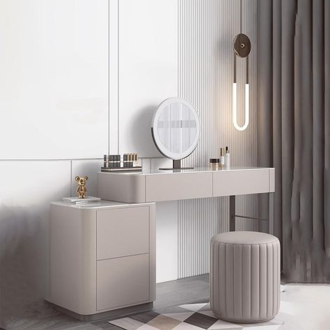 With this vanity table, you’ll not only be able to organize your important items, but you’ll also have a designated space of your own that looks like a scene out of a movie. Vanity Next To Bed, Modern Makeup Table, Make Up Desk, Dubai Apartment, Wood Makeup Vanity, Modern Vanity Table, Minimalist Vanity, Modern Makeup Vanity, Makeup Vanity Set