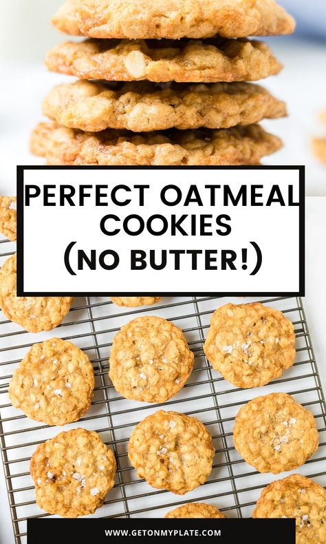 This Oatmeal Cookie Recipe without butter will absolutely surprise you! These cookies are perfectly chewy and just slightly crisp around the edges. They're finished with a sprinkling of sea salt for the perfect bite! #healthycookies #cookieswithoutbutter #easydessert | www.getonmyplate.com Cookie Recipe No Butter, Oatmeal Cookies Without Butter, Cookie Recipe With Oil, Cookie Recipes Without Butter, Gemma Stafford, Oatmeal Cookies Recipes Easy, Cookies Monster, Oatmeal Cookie Recipe, Oatmeal Cookies Easy