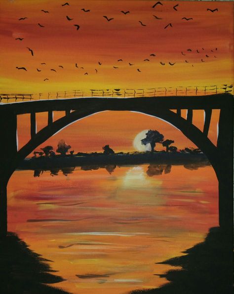 Sunset Bridge, Sunset Drawing, Bridge Drawing, Bridge Painting, Canvas Painting Designs, Landscape Art Painting, The Bridge, Paint Designs, Landscape Art