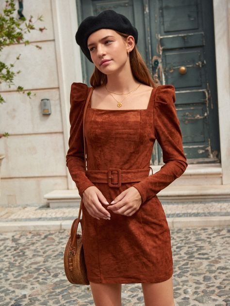 Square Neck Leg-of-mutton Sleeve Buckle Belted Dress Mutton Sleeve, Cotton Saree Blouse Designs, Leg Of Mutton Sleeve, Cotton Saree Blouse, Leg Sleeves, Leg Sleeve, Saree Blouse Designs, Sleeves Pattern, Cotton Saree