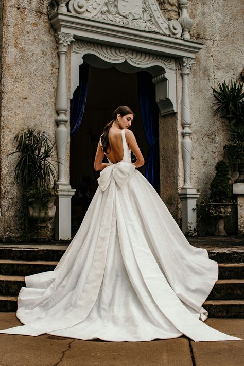 Ball Gown Wedding Dress With Pearls, Rimless Wedding Dress, A Line Wedding Dress With Bow, Estate Wedding Dress, Classic Bridal Gown, Low Back Ball Gown Wedding Dress, Dramatic Back Wedding Dress, Wedding Dresses With Bow On Back, Wedding Dress With Bow On Back