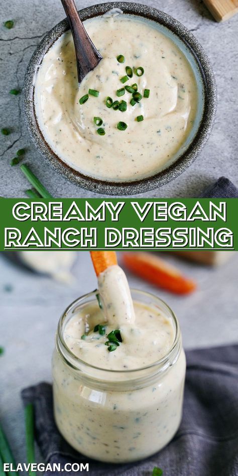 This vegan ranch dressing is super flavorful, creamy, tangy, and takes less than 5 minutes to prepare with simple pantry ingredients! Even better, this dairy-free ranch recipe is also gluten-free, and you can make it oil-free/nut-free. In no time at all, you have a delicious herby vegan salad dressing, dip, spread, or sauce! #veganranchdressing #veganranch #dairyfreeranch #ranchdip #ranchdressingrecipe #elasrecipes | elavegan.com Dairy Free Ranch Recipe, Vegan Ranch Dressing Recipe, Homemade Vegan Ranch Dressing, Cilantro Ranch Dressing, Cilantro Ranch, Vegan Ranch Dressing, Vegan Salad Dressing, Creamy Salad Dressing, Vegan Dressing