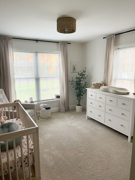 Grey White And Beige Nursery, Washed Natural Crib Nursery, Curtains For Nursery Neutral, Nursery With Light Wood Crib, Natural Baby Boy Nursery, Crib In Front Of Window Nursery, Neutral Gray Nursery, Boy Nursery Light Fixture, White Crib Boy Nursery