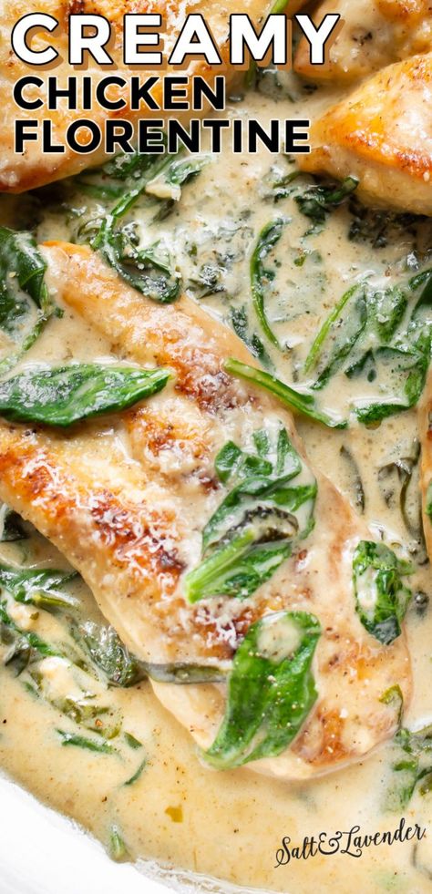 closeup of chicken in a pan with text overlay that reads creamy chicken florentine Cooking Wine Recipes, Creamy Chicken Florentine, Chicken Florentine Pasta, Chicken Florentine Recipe, Florentine Recipe, Wine Cream Sauce, Chicken Wine, White Wine Recipes, White Wine Cream Sauce