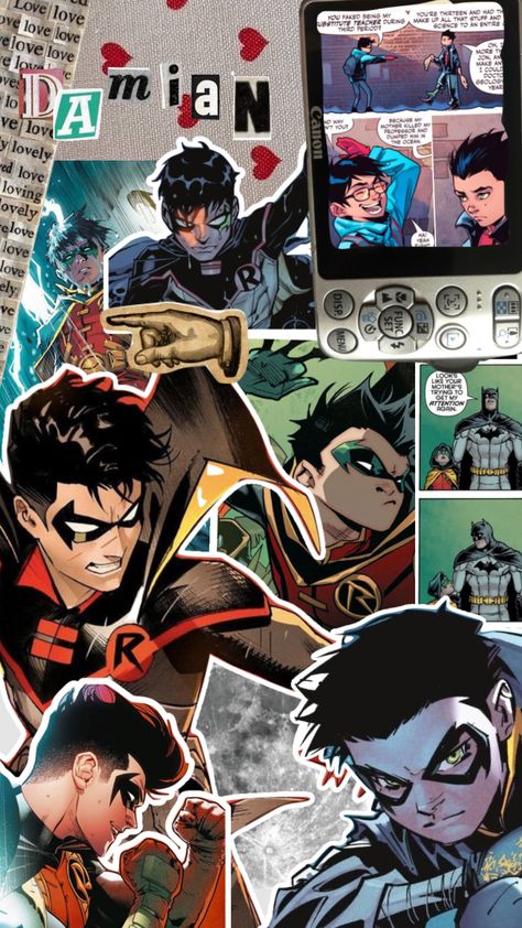 #damian #damianwayne #batman #robin #nightwing #dickgrayson #batwoman #catwoman #dc #harleyquinn #redhood #jasontodd #poisonivy #timdrake #cassandracain #collage #montage #aesthetic #slay #alfred Damien Wayne Wallpaper, Robin Dc Wallpaper, Dc Wallpaper Aesthetic, Damian Wallpaper, Damian Wayne Wallpaper, Batfam Wallpaper, Nightwing Wallpaper, Robin Wallpaper, Catwoman Dc