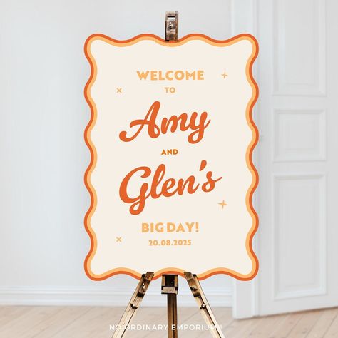 Retro Welcome Sign, Quirky Wedding Reception Sign, Retro Wedding Decor, 70s Wedding Decor, Funky Wedding Sign, Groovy Wavy Shape Sign The signs include your personalised text and choice of colour. Please note - easels are not included.  PRINT OR DIGITAL OPTIONS  PRINT OPTION View the print sizes available in the drop down menu boxes. The print options are printed and shipped to you. For the digital file option, we create the design, supply you with the file and you print locally. DIGITAL FILE OP Quirky Wedding Decor, 70s Signage, 70s Wedding Decor, 70s Inspired Wedding, Groovy Wedding, Retro Wedding Inspiration, Retro Wedding Decorations, Fun Wedding Reception, Wedding Decorations Ideas