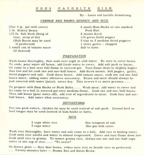 Louis Armstrong Red Beans Recipe Creole Red Beans And Rice Recipe, Creole Red Beans, Nola Recipes, Red Bean And Rice Recipe, Red Beans And Rice Recipe, Red Beans N Rice Recipe, New Orleans Recipes, Celebrity Recipes, Red Beans And Rice