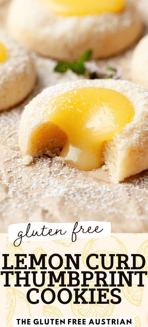 Brighten your day with these delightful gluten-free Lemon Curd Thumbprint Cookies! Buttery and melt-in-your-mouth, these cookies are filled with tangy lemon curd for the perfect balance of sweet and tart. Perfect for springtime treats, holiday gatherings, or just because, these cookies are a must-try for all lemon lovers! Gluten Free Thumbprint Cookies, Gluten Free Cookie Recipes, Spring Desserts, Thumbprint Cookies, Gluten Free Recipes Easy, Gf Recipes, Spring Recipes, Gluten Free Cookies, Lemon Curd