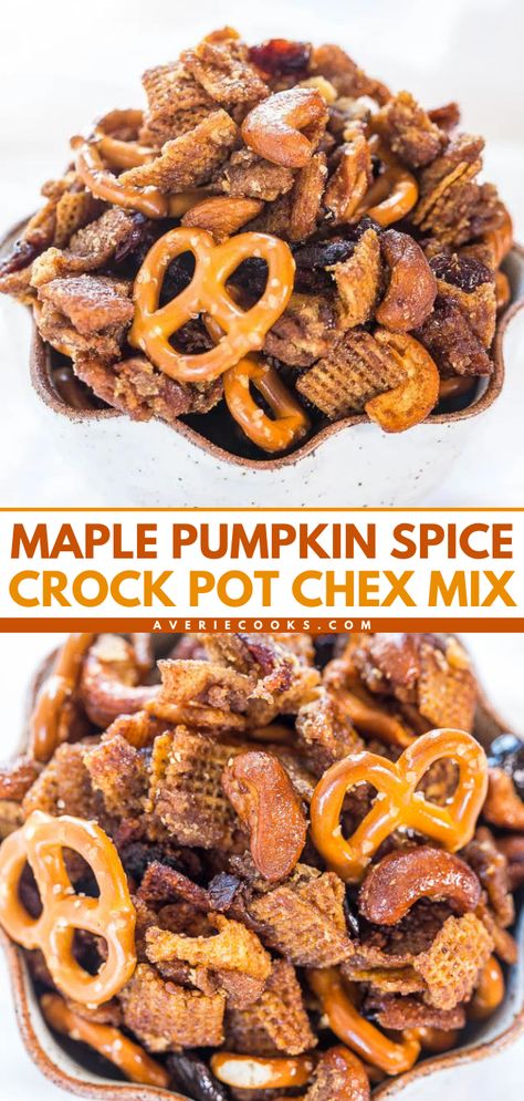 Your afternoon snack ideas must have this Crock-Pot Chex Mix! It's an easy fall recipe that's loaded with maple and pumpkin spice flavors. Sweet and salty, chewy and crunchy, this homemade Chex Mix is irresistible! Save this pumpkin recipe! Crock Pot Chex Mix Recipes, Chex Mix Crock Pot, Festive Baking, Snack Mixes, Averie Cooks, Maple Pumpkin, Chex Mix Recipes, Fall Cooking, Recipes Appetizers