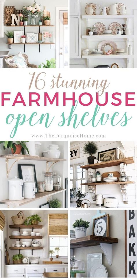 Farmhouse Open Shelving, Diy Shelves Ideas, Farmhouse Shelves Decor, Gorgeous Farmhouse, Kitchen Shelf Decor, Shelving Ideas, Farmhouse Shelves, Farmhouse Remodel, Decorating Shelves