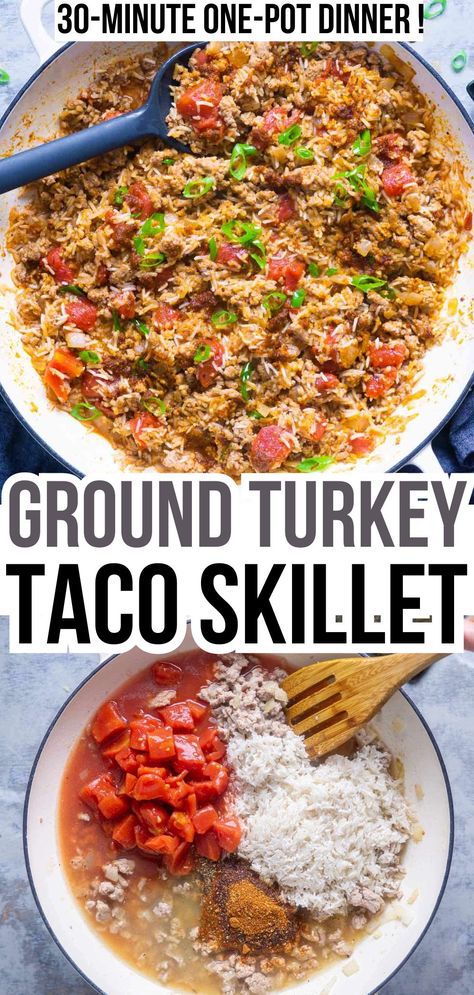 top image: Ground turkey and rice entree in white pan with serving spoon. bottom image: wood utensil stirs turkey taco skillet ingredients in white pan. Title text: Ground Turkey Taco Skillet: One Pot Wonder Meal!! Ground Turkey And Rotel Recipes, Ground Turkey Recipes Weight Watchers, Easy Dinner Ground Turkey, Ground Turkey Easy Recipes, Recipe For Ground Turkey, Dinners With Ground Turkey, Healthy Ground Turkey Recipes For Dinner, Simple Ground Turkey Recipes, Ground Turkey Feta