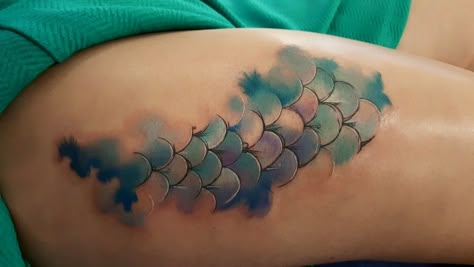 Watercolor Mermaid Scales Tattoo, Lower Chest Tattoo, Fish Scale Tattoo, Scales Tattoo, Ocean Life Tattoos, Mermaid Scales Tattoo, Tattoo After Care, Tattoo Designer, Scale Tattoo