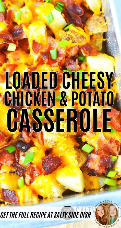 Delicious chicken and potato casserole with cheese, bacon and diced potatoes, is a savory dinner that will keep you full! Serve as a side if you want at a picnic, party or get together as a filling delicious dinner recipe too Chicken And Potato Dinner Ideas, Chicken N Potatoes Recipes, Meal With Potatoes Dinners, Cheesy Potatoes With Chicken, Dinner Ideas With Chicken And Potatoes, Easy Diced Chicken Recipes Dinners, Easy Chicken Potato Recipes, Diced Cooked Chicken Recipes, Meals With Chicken And Potatoes