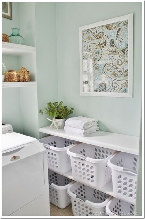 Laundry Room Makeover - Sorting Station Laundry Inspiration, Laundry Room/mud Room, Subway Tiles, Laundry Room Storage, Laundry Mud Room, Laundry Storage, Laundry Room Makeover, Basket Shelves, Laundry Room Organization