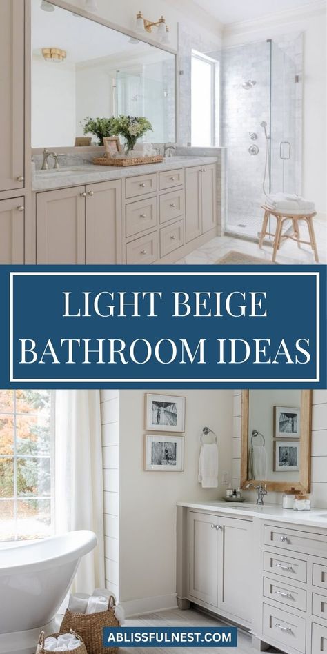 Have you ever considered how light beige bathroom ideas could change your bathroom’s look and feel? This versatile color creates a relaxing environment that works well with both contemporary and classic décor. By incorporating soft beige tones, you add both warmth and sophistication without overwhelming the space. Explore creative ways to style your bathroom with this gentle hue! #bathroomideas #modernbathroom #neutraldecor Light Tan Bathroom Walls, Natural Colour Bathroom, Bathroom Cream Countertop, Bathroom With Beige Tub And Toilet, Beige Cabinets Bathroom, Light Tan Bathroom, Beige Gray Bathroom, Guest Bathroom Neutral, Beige Bathroom Ideas Decor