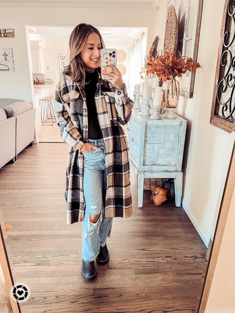 Plaid Duster Outfit Fall, Plaid Long Jacket Outfit, Long Plaid Flannel Outfit, Duster Shacket Outfit, Long Plaid Shacket Outfit Women, Green Plaid Shacket Outfit, Long Flannel Coat Outfit, Long Flannel Shacket Outfit, Long Flannel Jacket Outfit