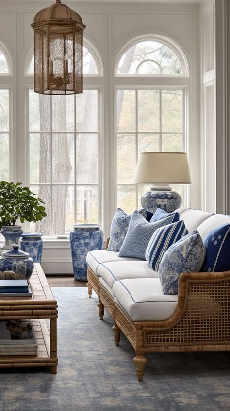 Southern Interior Design Modern Traditional Living Room Ideas, Southern Interior Design, Southern Living Rooms, Modern Traditional Living Room, Southern Interior, Blue And White Living Room, Home Essence, Blue White Decor, Coastal Living Room