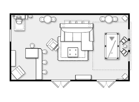 Floor plan for the game room. Large Rec Room Layout, Entertainment Room Layout, Media Room Floor Plan, Man Cave Floor Plan, Family Recreation Room, Karaoke Room Home, Game Room Layout Floor Plans, Entertainment Room Floor Plan, Recreational Room Interior Design