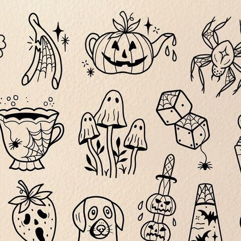 Halloween Art Tattoo, Spooky Season Tattoo Flash, Halloween Cute Tattoo, Dainty Halloween Tattoos, Halloween Flash Sheet, Halloween Pictures To Draw, Cute Halloween Doodles, Ghost Doodles, Halloween Tattoo Designs