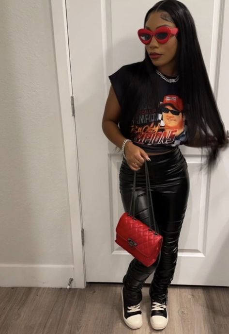 Going Out To Club Outfits, Christmas Fits Black Women, Black Leather Pants Outfit Ideas, Casual Cute Outfits Black Women, Fire Fits Women, Christmas Outfit Ideas Black Women, Red Outfit Ideas Black Women, Fire Outfits Black Women, Black Shein Outfits