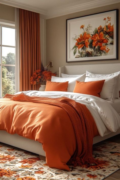 Orange Master Bedrooms Decor, Cream Bedroom Decor, Eclectic Boho Bedroom, Fall Bedroom Ideas, Boho Decor Ideas, Modern Apartment Living Room, Fall Bedroom Decor, Textured Blankets, Cozy Fall Bedroom