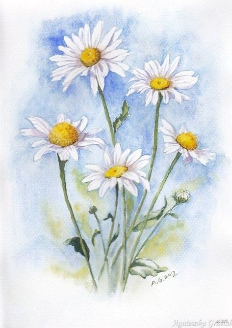 Daisy Drawing, 심플한 그림, Watercolor Flowers Tutorial, Floral Watercolor Paintings, Daisy Painting, Flower Art Drawing, Watercolor Paintings For Beginners, Watercolor Flower Art, 수채화 그림