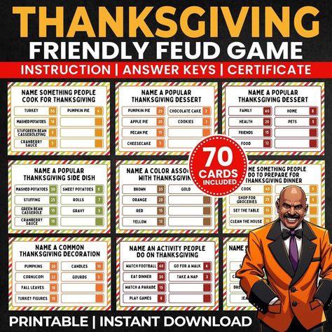 Looking for a fun and engaging activity for your Autumn, Fall or Thanksgiving gathering? Our printable Thanksgiving Friendly Feud Game is the perfect way to add a touch of excitement and fun to your Autumn, Fall, Friendsgiving and Thanksgiving family game night party. With activities tailored for both kids, teens and adults. This Thanksgiving Friendly Feud Game is suitable for all ages. Get the Party Started - Download Your Printable Thanksgiving Game Now! Thanksgiving Family Feud, Thanksgiving Day Games, Family Game Night Party, Thanksgiving Family Games, Thanksgiving Trivia, Game Night Party, Thanksgiving Facts, Game Night Parties, Thanksgiving Gathering