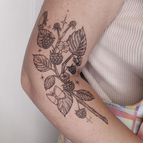 Magick Tattoo, Blackberry Tattoo, Butterfly With Flowers Tattoo, American Traditional Tattoo Ideas, Traditional Tattoo Ideas, Elbow Tattoos, Vine Tattoos, Botanical Tattoo, Hair Tattoos