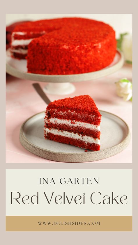 The pin features a mouthwatering image of Ina Garten's Red Velvet Cake, beautifully presented on a cake stand. The cake layers are moist and velvety, showcasing the signature deep red color. Ina Garten Red Velvet Cake, Decorating Red Velvet Cake, Red Celvet Cake, Cake Made With Cake Flour, Famous Cakes, Gift Recipes, Barefoot Contessa Recipes, Baked By Melissa, Red Velvet Recipes