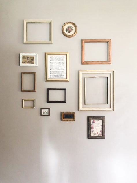 Variety Picture Frame Wall, Frame Composition Wall, Framed And Unframed Gallery Wall, Wooden Gallery Wall, Brass Picture Frames Gallery Wall, Farmhouse Wall Gallery Ideas, Mixed Frame Photo Wall, Small Gallery Wall With Mirror, Silver Frame Gallery Wall